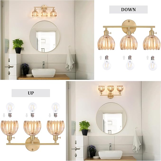 Shenmoyl Bathroom Light Fixtures, 3-Light Brass Vanity wall Light Over Mirror with Amber Tulip Glass Shade for Bedroom Living Room (Bulb Not Included)
