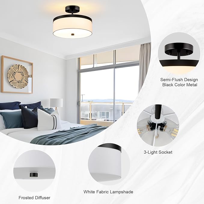 Semi Flush Mount Ceiling Light,12”Hallway Light Fixtures with White Fabric Shade,3-Light Black Modern Drum Flush Mount Ceiling Light for Bedroom,Hallway,Kitchen Island,Laundry