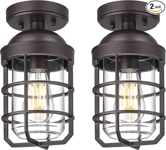 Emliviar 2 Pack Classic Ceiling Lamps for Porch, Semi Flush Mount Ceiling Light Fixtures with Clear Tempered Glass Shade in Oil Rubbed Bronze Finish, GE255LF-2PK ORB