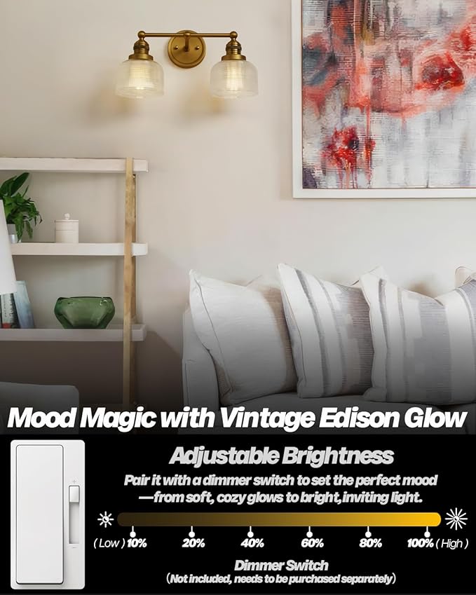 Double Vintage Gold Wall Sconces Antique Brass Bathroom Vanity Light with Clear Corrugated Glass Shade Indoor Hardwire Wall Sconce Lamp Lights for Bathroom Living Room Bedroom Kitchen