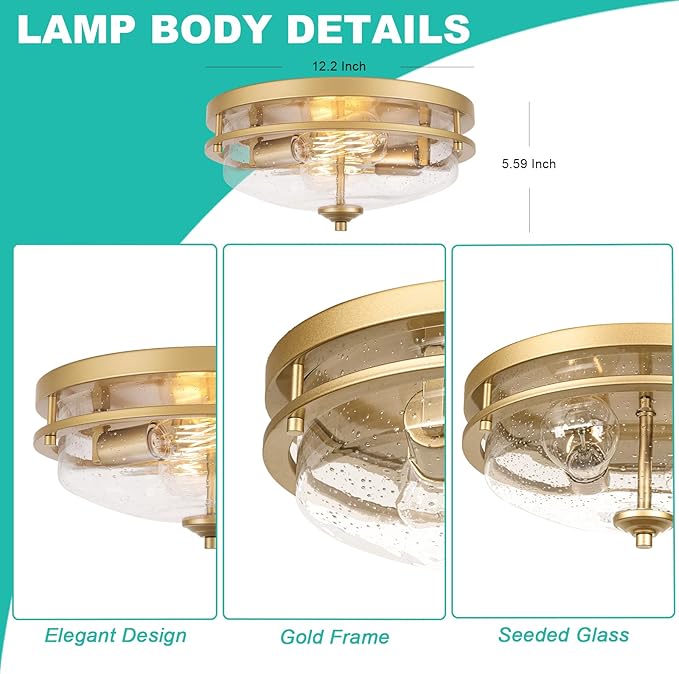 Edwarmlux Flush Mount Ceiling Lights, 2-Light Farmhouse Close to Ceiling Light, Industrial Ceiling Lighting Fixture for Kitchen Hallway Bedroom Living Room Stairways Porch (Gold)