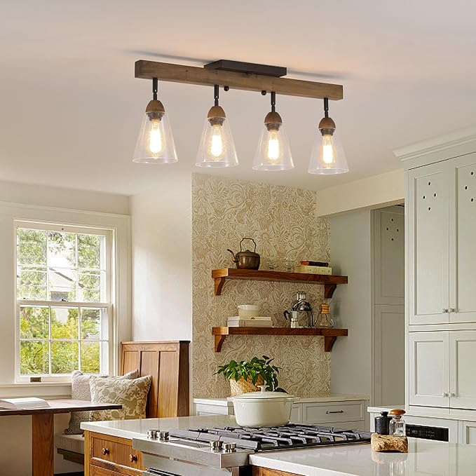 4-Light Large Rustic Farmhouse Wood Flush Mount Ceiling Light Fixture Clear Seeded Glass Shade and Oak Wood Track Semi Flush Mount Ceiling Light for Kitchen Living Room Bedroom Indoor, Black
