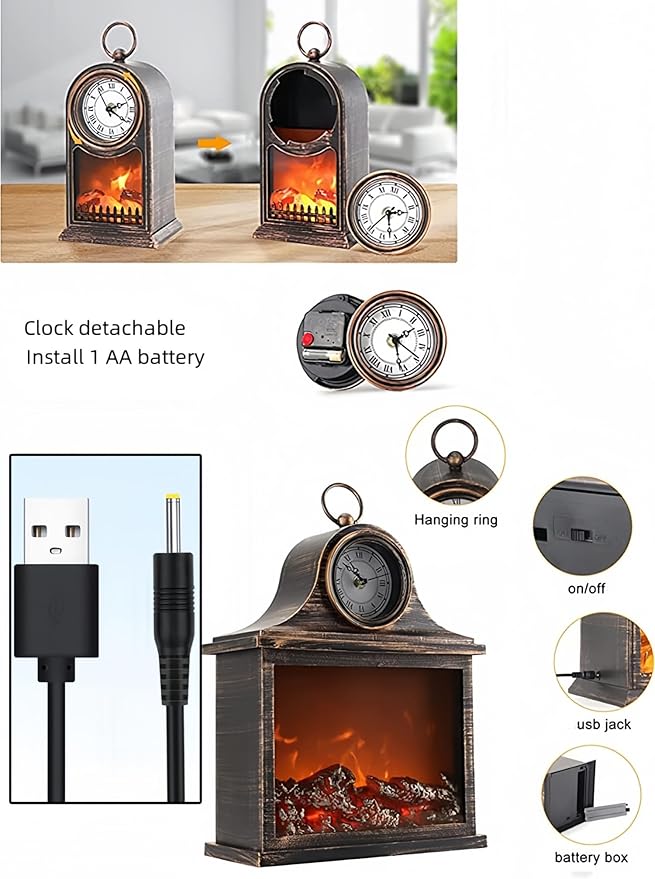 Simulated LED Fireplace Lantern USB & Battery Powered Flameless Light with Emulation Flame Table Decorative Lamp Copper Fireplace Ornament for Cozy Home Decor Free Standing Electric Log Burner