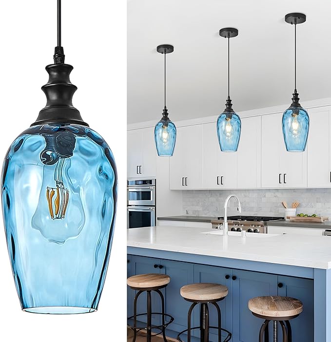 Pendant Lights Kitchen Island, Hanging Lighting Fixtures Dark Blue Water Ripple Glass Lamp Shade Black Pendant Light Fixtures for Kitchen Island Bedroom Living Dining Room Light Fixture