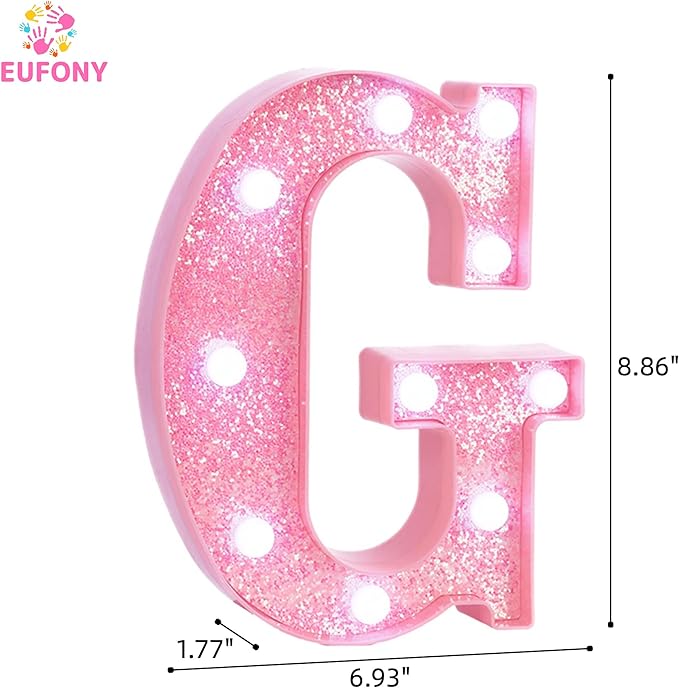 Pink Marquee Light Up Letters, Glitter Alphabet LED Letter Lights for Pink Birthday Party Decorations, Battery Operated Letter Sign for Girls Room Vanity Table Decor, Cool White Lights Letter G