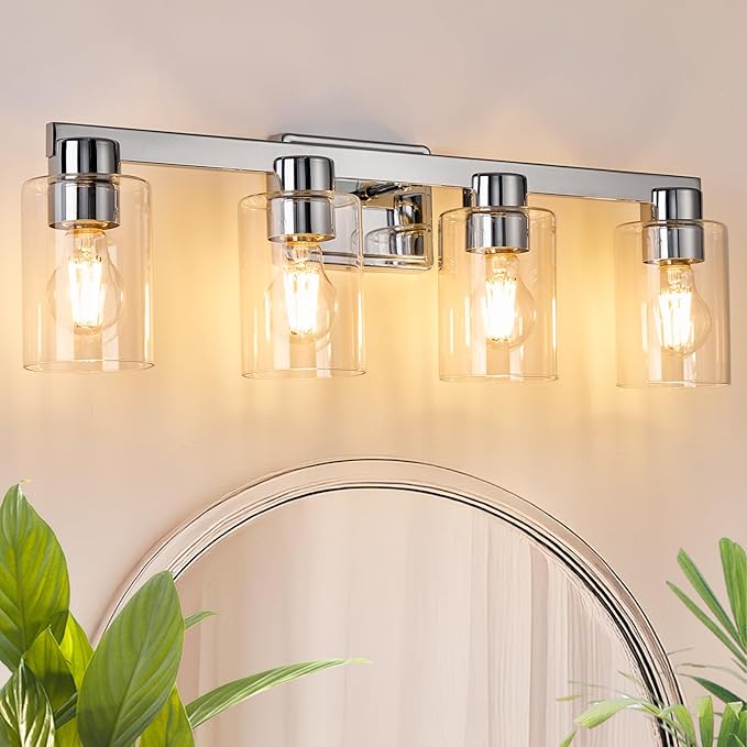 4-Light Bathroom Light Fixtures Modern Chrome Vanity Lights with Clear Glass Shade 26 Inch Wall Sconces Over Mirror for Bathroom,Powder Room, Living Room