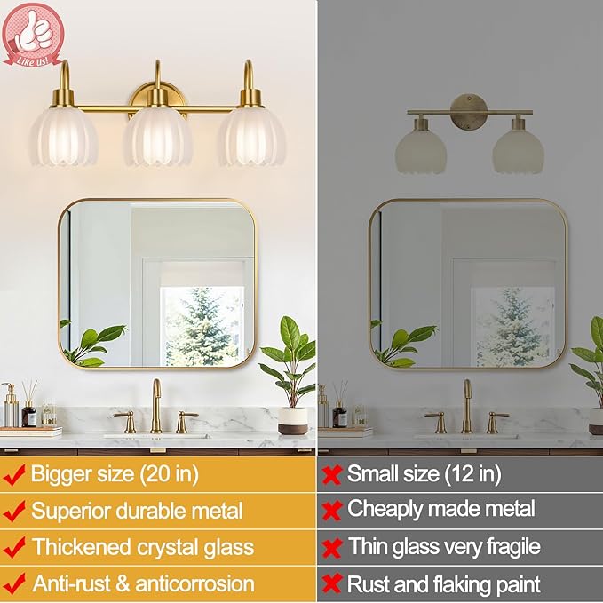 3-Light Bathroom Vanity Light, 20" Brushed Gold Bathroom Light Fixtures with Ribbed Frosted Clear Tulip Glass Shade, Vanity Lighting Fixtures Over Mirror for Bedroom Living Room Hallway