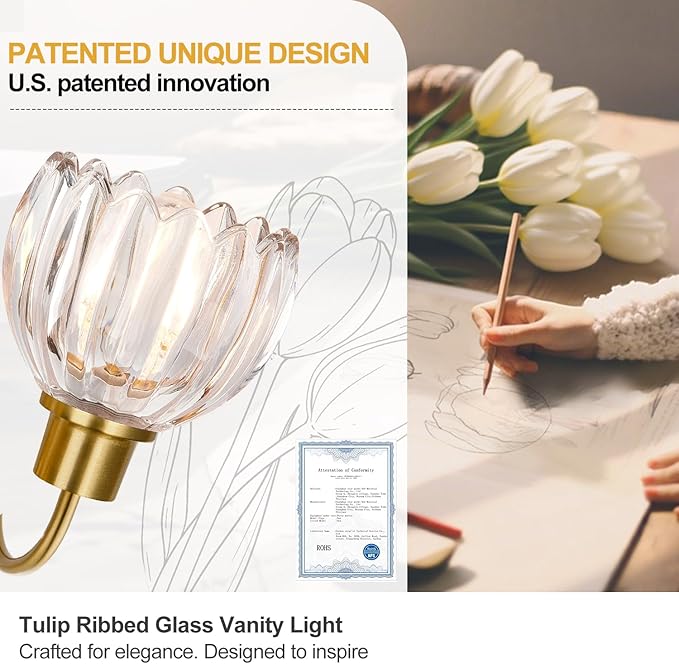 3-Light Bathroom Light Fixtures, 20" Brushed Gold Vanity Lights for Bathroom with Ribbed Clear Tulip Glass Shade, Vintage Wall Vanity Lighting Fixtures Over Mirror for Bathroom Living Room Hallway