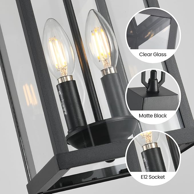 Outdoor Pendant Light Fixtures, 16'' Exterior Hanging Lantern Porch Light, Black Adjustable Hanging Lamp Farmhouse Exterior Chandelier Ceiling Mount for Entrance Patio