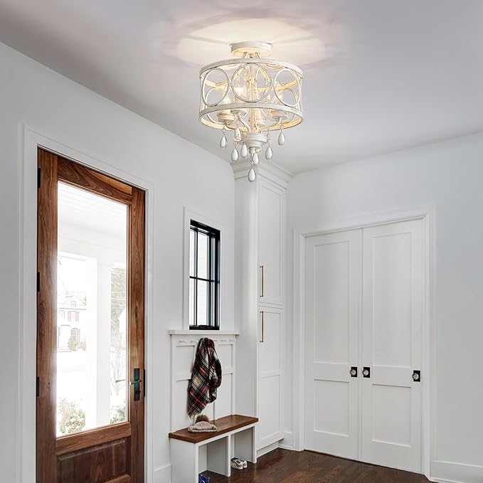 Crystal Ceiling Light Fixture, Modern Semi Flush Mount Ceiling Light, 4-Light White Round Crystal Chandelier Hallway Lighting Fixtures for Bedroom Bathroom Foyer Entryway Dining Room Kitchen