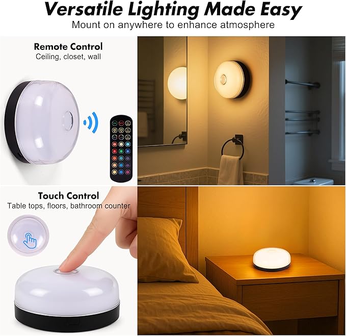 4-Pack Rechargeable Shower Lights for Inside Shower, 15 RGBW Color Changeable Waterproof Lights for Shower with Remote(Dimmable＆Timer), Wireless LED Mood Lighting for Bathroom, Closet, Bedroom, Party