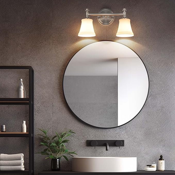Bathroom Vanity Light Fixtures, Traditional Brushed Nickel 2 Lights Wall Sconce Lighting with Opal Glass Shade, Porch Wall Mount Light Fixture for Bathroom, Mirror Cabinets Hallway Stairs