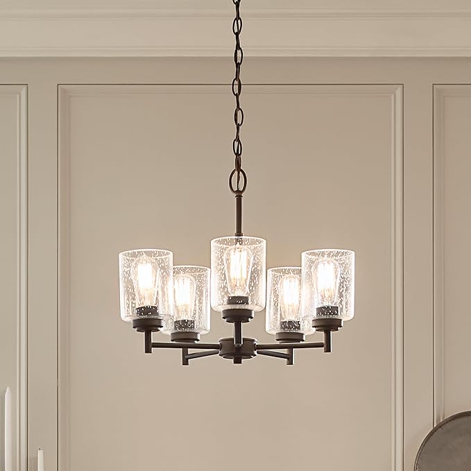 Kichler Winslow 19.75" 5-Light Chandelier Light with Clear Seeded Glass in Black for Kitchen, Bar, Dining Room, Living Room (19.75" x 16.25"), 44030BK