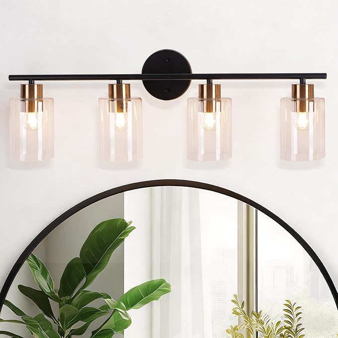 Bathroom Vanity Light, 4-Light Modern Black and Gold Wall Sconce Lighting with Clear Glass Shade, Wall Lights Fixtures Over Mirror, Bath Vintage Wall Mounted Lamps for Bedroom,Living Room