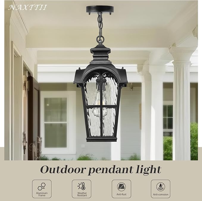 Waterproof Outdoor Pendant Light for Porch 18.5 Inch Large Hanging Porch Lights with Adjustable Chain Dusk to Dawn Aluminum Outdoor Hanging Light Fixture with Water Ripple Glass E26 Socket