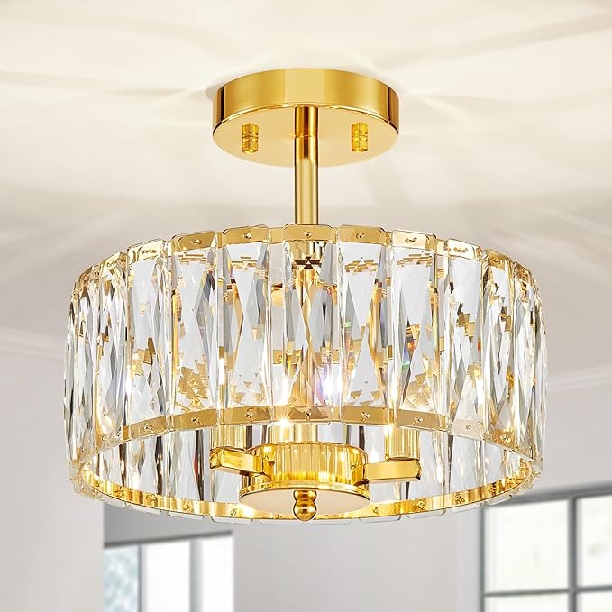 Crystal Ceiling Light, 3-Light Modern Semi-Flushmount Ceiling Light for Living Room, Dinning Room Hallway, D12xH9inch, Gold Finish Frame & K9 Crystal