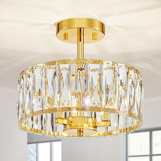 Crystal Ceiling Light, 3-Light Modern Semi-Flushmount Ceiling Light for Living Room, Dinning Room Hallway, D12xH9inch, Gold Finish Frame & K9 Crystal