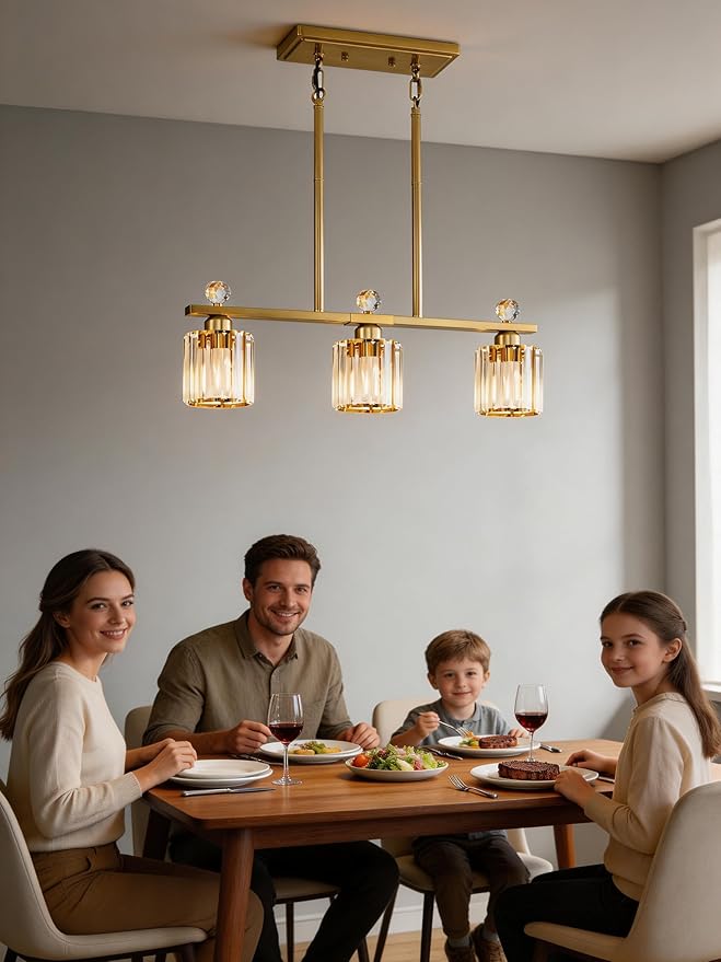 Crystal Island Light for Kitchen Over Table,Gold Linear Pendant Light for Dining Room Light Fixture,3-Lights Ceiling Hanging Chandeliers Dining Room Lighting Fixture with Luxury Crystal Shade