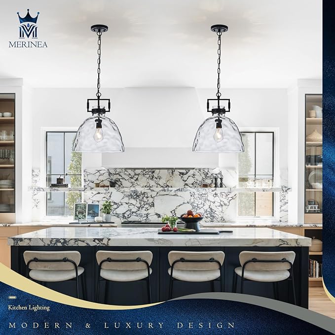 Glass Pendant Light, 13.8 Inch Single Hanging Ceiling Light with Adjustable Chain, E26 Base Oversized Hammered Clear Glass Kitchen Island Pendant Lighting in Matte Black for Dining Room, Entryway