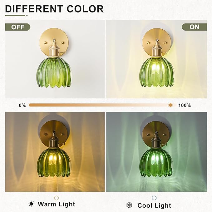 Hardwired Wall Sconce Light, Vintage Wall Sconce with Switch, Gold Wall Light Fixture with Tulip Green Glass Lampshade, Indoor Wall Light for Bedroom Bathroom, Bedside Wall Lamp