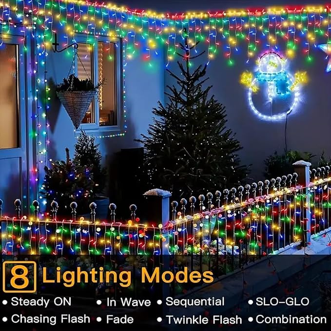 Sherno 1Pcs LED Solar String Lights, 8 Modes Icicle Curtain Lights, Outdoor Fairy Lights for Christmas, Garden, Party Decoration (Multicolor, 137.8inch 96LEDs)