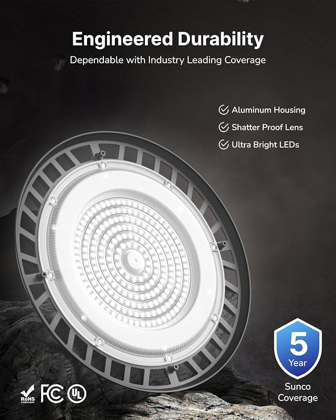 Sunco 10 Pack UFO LED High Bay Light, 150W, 19500 Lumens, 6000k Ultra Bright Commercial Shop Lights for Warehouse, Factory, Workshop, Garage & Barn, Ceiling Mount, Plug & Play, 120V, UL