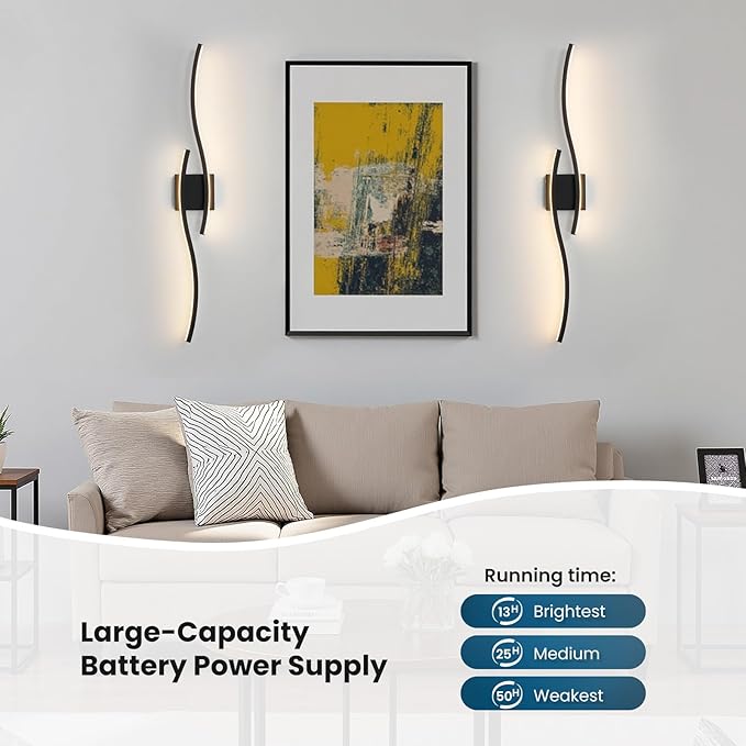 WOSHITU Black Battery Operated Wall Sconces: 39 Inch Rechargeable Sconce Wall Lighting Set of Two with Remote & 3CCT Dimmable, Modern Cordless Wall Light for Bedroom Living Room Hallway Bathroom