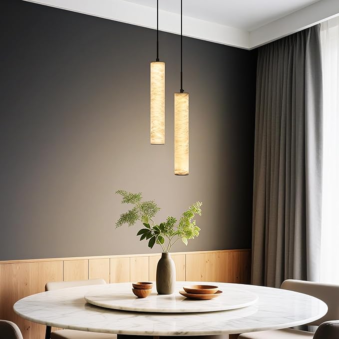 LMQNINE Natural Alabaster Pendant Lights for Kitchen Island White Marble Long Tube Chandelier 4000K Modern Black Ceiling Light Fixtures for Bedroom Dining Room Table Living Room Hallway(M-2Light)