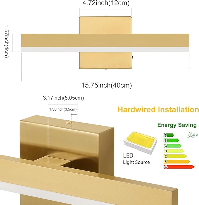 Gold Bathroom Vanity Light 15.75 inch, 14W Dimmable 5CCT LED Modern Bathroom Light Fixture Over Mirror - ETL Certificated