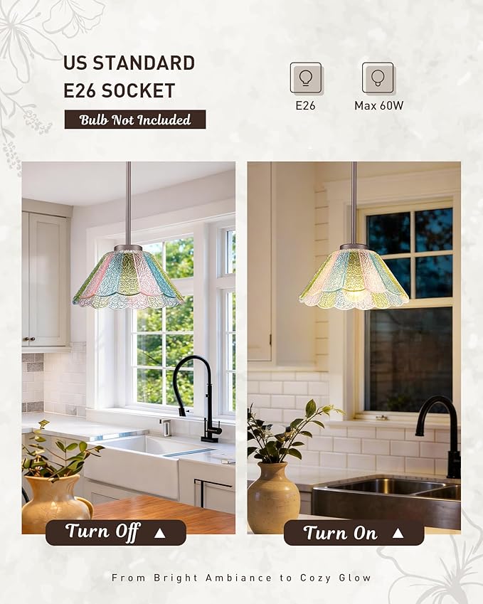 Modern Hanging Light Fixture, HWH Pendant Lights Kitchen Island, 10.4 Inch Farmhouse Pendant Light with Colored Floral Glass, Oil-Rubbed Bronze Finish, 5HJX110MIL ORB-C
