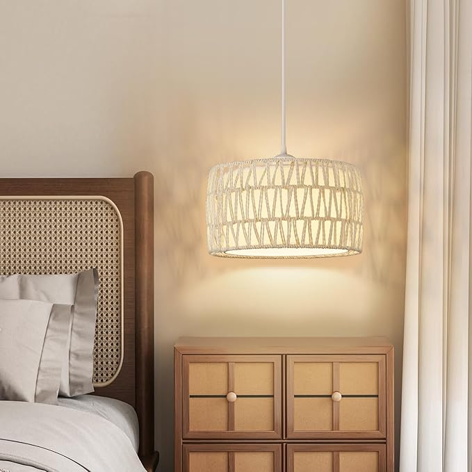 Plug in Pendant Light, Rattan Hanging Lights with Plug in Cord, Woven & Fabric 2 in 1 LampShade, Hanging Lamp Plug in for Bedroom Living Room Kitchen Island-Cream (Bulb Included)