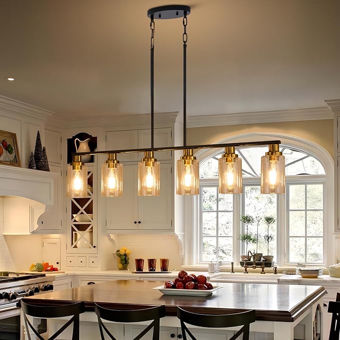 Island Light for Kitchen, 6-Light Farmhouse Dining Room Light Fixture with Clear Glass Shade, 44.3'' Matte Black and Gold Linear Chandelier Pendant Lighting for Dining Table Kitchen Living Room