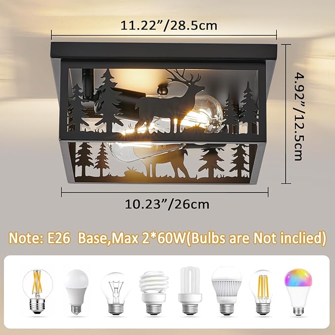 Farmhouse Rustic Deer Ceiling Light Fixtures, Vintage Metal Cage Light Perfests for Kitchen, Living Room, Bedroom, Balcony, Entryway, Hallway, Cabin(Bulbs not Included)