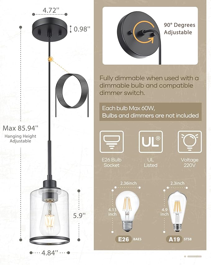 Beionxii Pendant Lights Kitchen Island, Modern Kitchen Pendant Lighting Over Island with Clear Glass, Matte Black Pendant Light Fixtures for Sink, Dining Room, Entryway, BX-PL02MB-CG