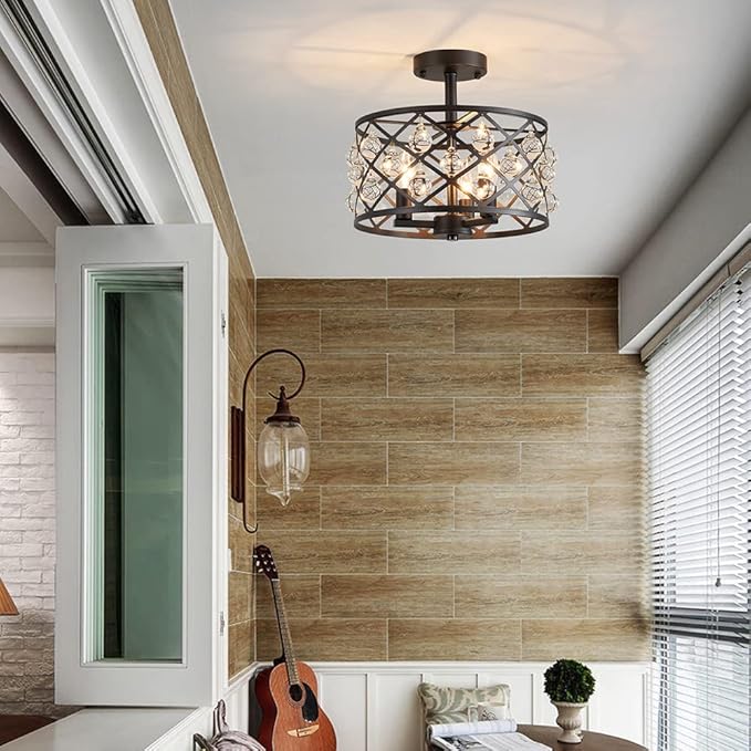 AGV LIGHTING CH013 Farmhouse Semi Flush Mount Ceiling Light Fixture, E12 Base 3-Lights, D13 x H12, Matte Black Finish
