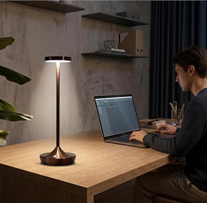 Brown Cordless Table Lamp, Rechargeable 6000mAh Battery Powered LED Desk Lamp, Portable Metal Touch Lamp with 3-Level Dimming, Waterproof for Restaurant, Dining, Patio, Home Decor (2 Brown)