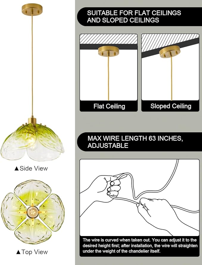 Vintage Gradient Green Pendant Light,Bronze Pendant Lighting Fixture with Handmade Leaf Glass for Bedroom,Kitchen,Hallway,Entryway