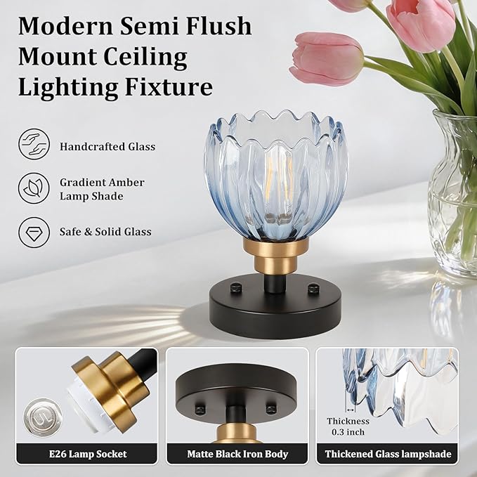 TALOYA Semi Flush Mount Ceiling Light,4 Pack Close to Ceiling Light Fixtures with Blue Tulip Glass Shades Modern Farmhouse Lighting Fixtures for Hallway Corridor Kitchen Bathroom Bedroom Passway