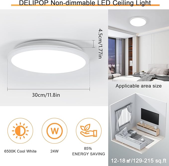 DELIPOP 4 Pack 12 Inch LED Flush Mount Ceiling Light, 24W Surface Flat LED Ceiling Light for Indoor/Outdoor, IP54 Waterproof Round Ceiling Light Fixture for Bathroom, Bedroom, Kitchen, Hallway
