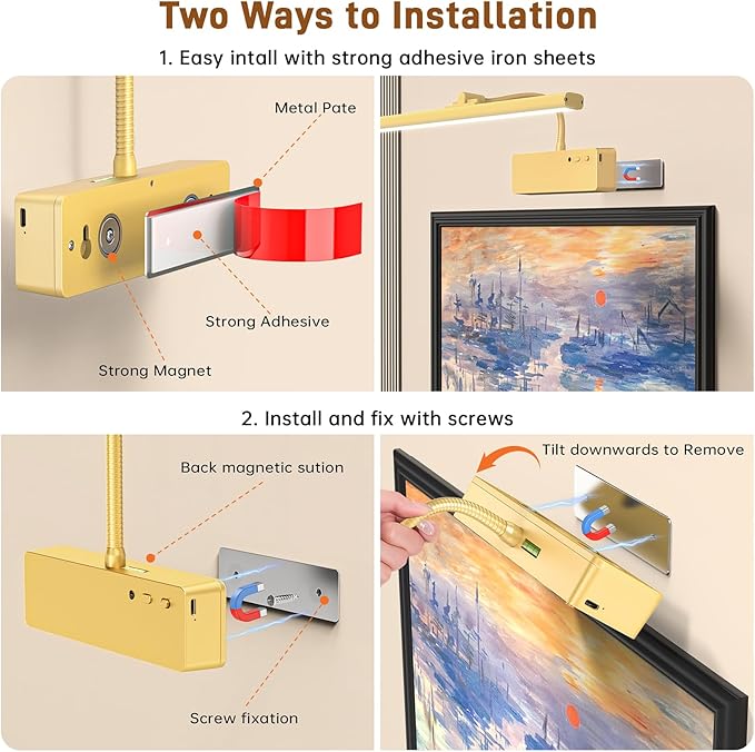 Picture Light, 15.35inch Wireless Picture Lights for Wall Rechargeable, 5400mAh Battery Wall Light with Remote, 3 Color Art Lighting for Paintings with Timer and Dimmable for Display, Gallery (Gold)