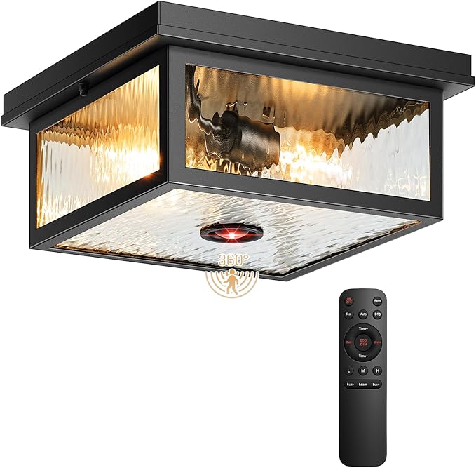 VIANIS Black Motion Sensor Outdoor Ceiling Light with Remote Control, Flush Mount Ceiling Lighting for Porch, Garage, Entryway, Adjustable Distance Time, 5 Modes, Water Ripple Glass, 2-Light(No Bulbs)