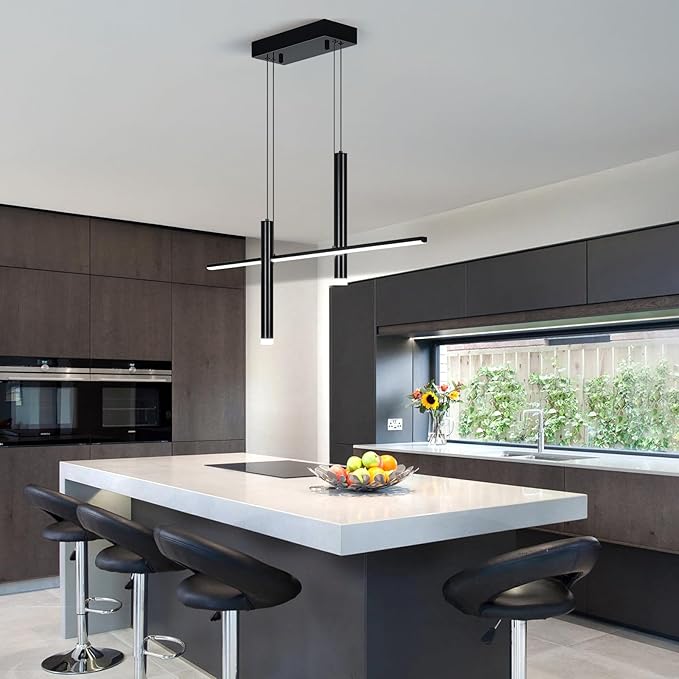 Modern LED Linear Pendant Light with Dual Spotlights Dimmable 6000K Pendant Lights Kitchen Island Plated Black Chandeliers for Dining Room Table Living Room Bedroom(L31.5in)