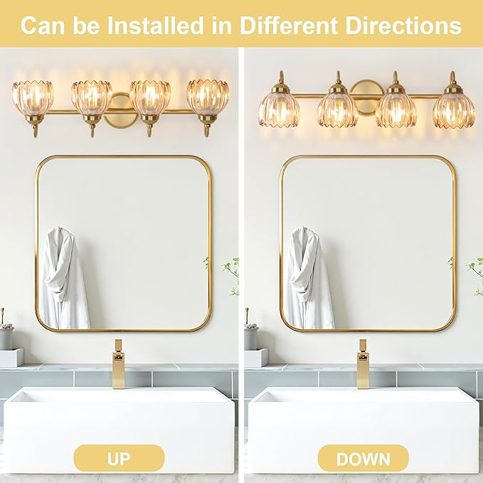 Vintage Bathroom Light Fixtures, Brass Vanity Lights with Amber Tulip Glass Shade, Vanity Sconces for Bathroom Bedroom Living Room Hallway, 4-Light