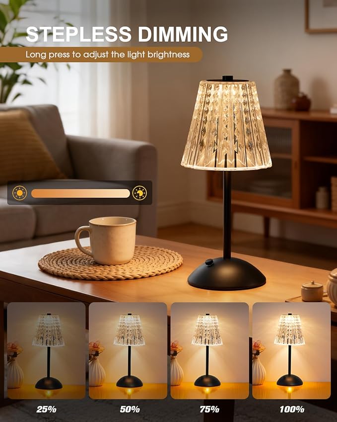 Nusogon Rechargeable Cordless Table Lamp, Touch Control Crystal Desk Lamp with 3500mAh Battery, 3 Color Dimmable LED Small Lamp for Bedroom Bedside Restaurant Kitchen Home Decor, Black