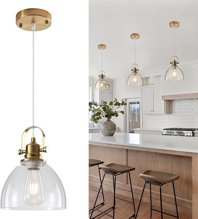 Glass Pendant Lights Kitchen Island, 7.5 inch Gold Glass Pendant Lights 1-Pack, Modern Pendant Light with Clear Glass Shade, Farmhouse Kitchen Pendant Light for Dining Rooms, Kitchen Island