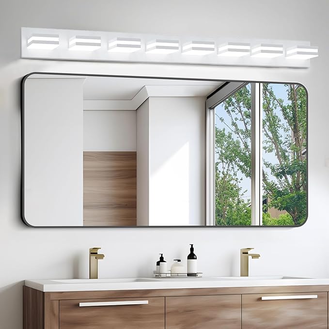 IZORRO LED Modern Bathroom Lights Fixtures(8-Light,Dimmable,360°Rotate),Matte White Acrylic Wall Lighting,Vanity Lights for Bathroom Over Mirror - 6000k 48In （No Assembly Required）