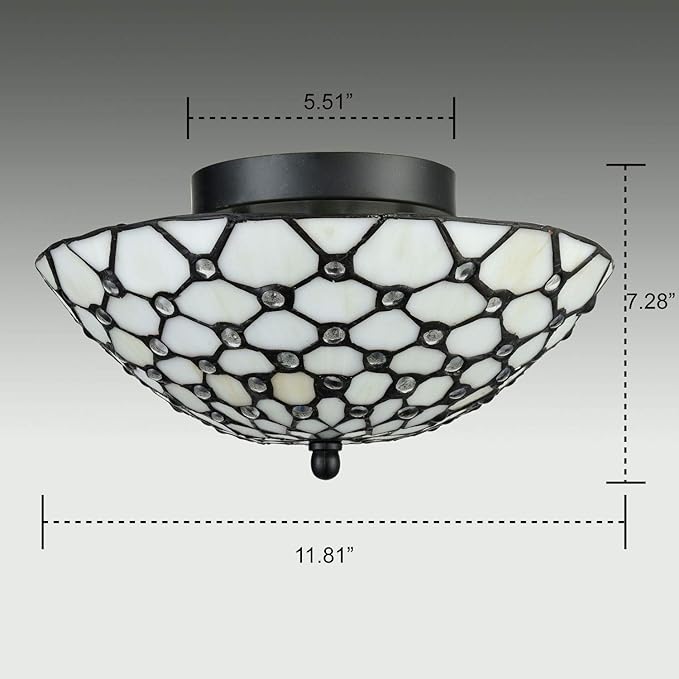 DIRYZON EUL Tiffany Style Semi Flush Mount Ceiling Fixture Antique Brass & Art Colorful Glass Shade-3 Lights