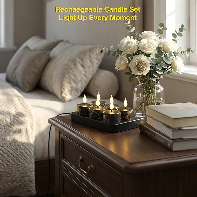 Flameless Tea Lights Candles with Charging Station,Black Marble Pattern,LED Tea Lights Candles with Remote Control Timer for Valentine's Day,Centerpiece Table Decorations,Anniversary,Home Decor,6-Pack