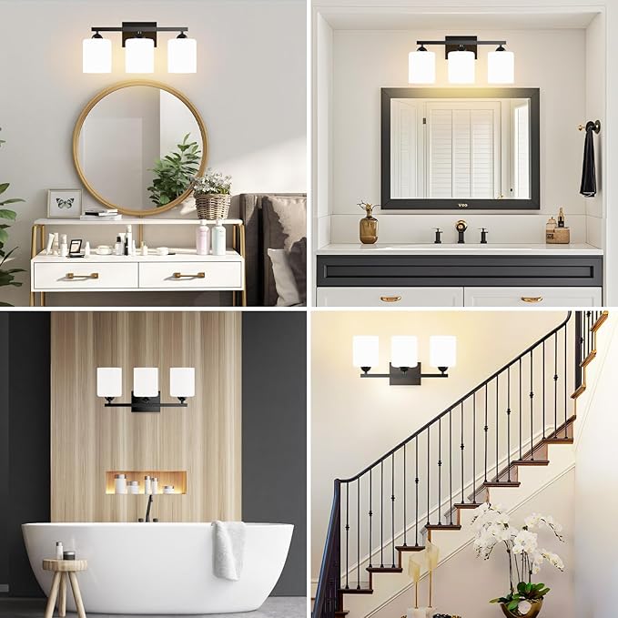 Quntis Black Bathroom Light Fixtures Over Mirror 5 Colors Adjustable, 3 Lights LED Bathroom Vanity Lighting with Milky White Frosted Glass Shade, Energy-Saving LED Vanity Light 18.9 inch