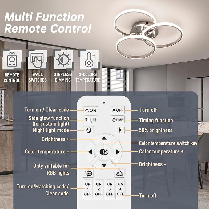 Led Ceiling Light Fixtures, Dimmable Modern Led Ceiling Light with Remote Control, 3000K-6500K Flush Mount Ceiling Light for Bedroom Living Room Dining Room Kitchen (Chrome)